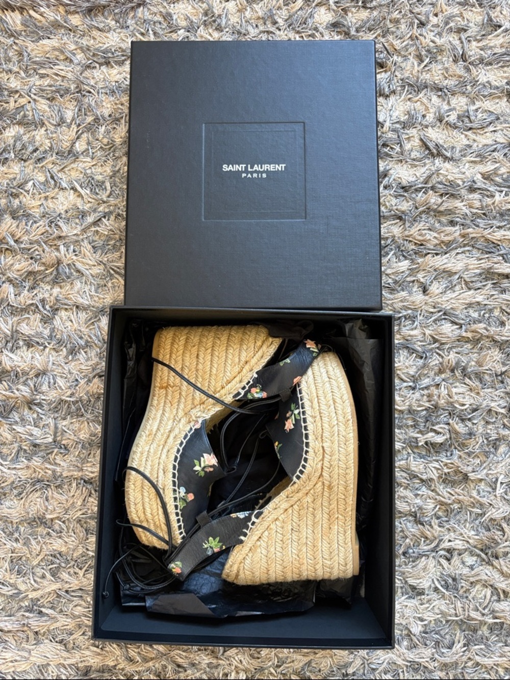 Saint Laurent Paloma Floral Leather Espadrille Wedge Sandals Black 36